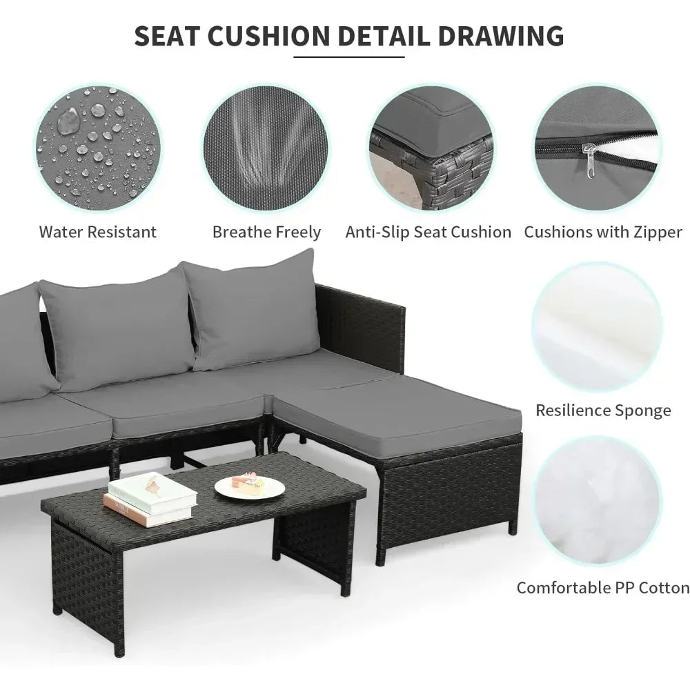 3-Teiliges Outdoor PE Rattan Möbelset Terrasse Schwarz Rattan Couch Gespräch Loveseat Sectional Couch Graue Kissen Garten
