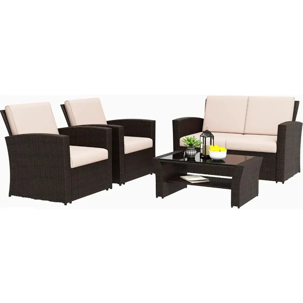 Garten-Set, Rattan mit Kissen in Braun