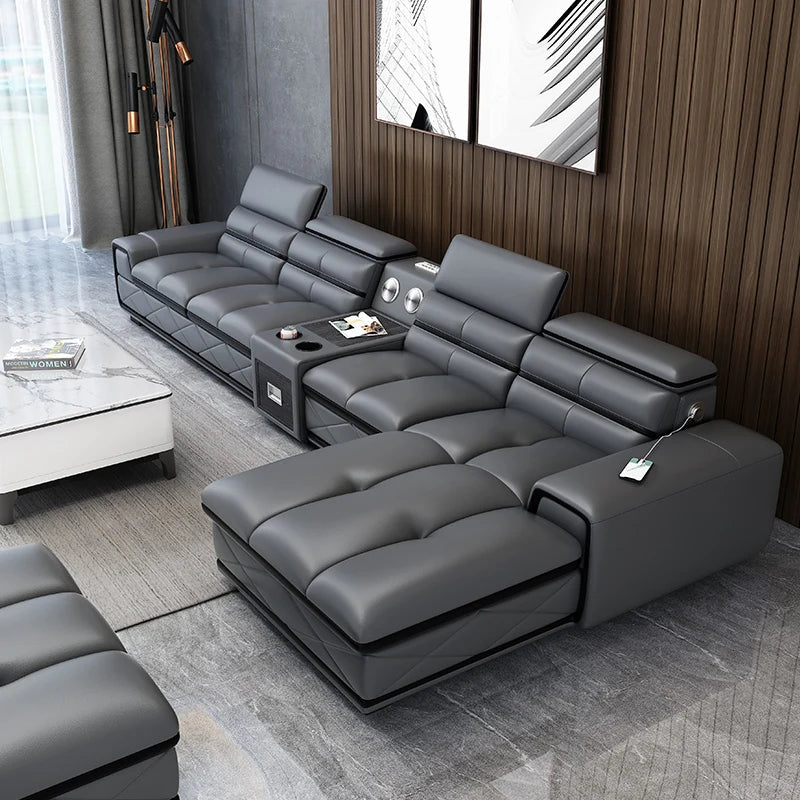 Moderne Echte Leder Ecksofa Sets mit USB-Ladung und Bluetooth-Lautsprecher