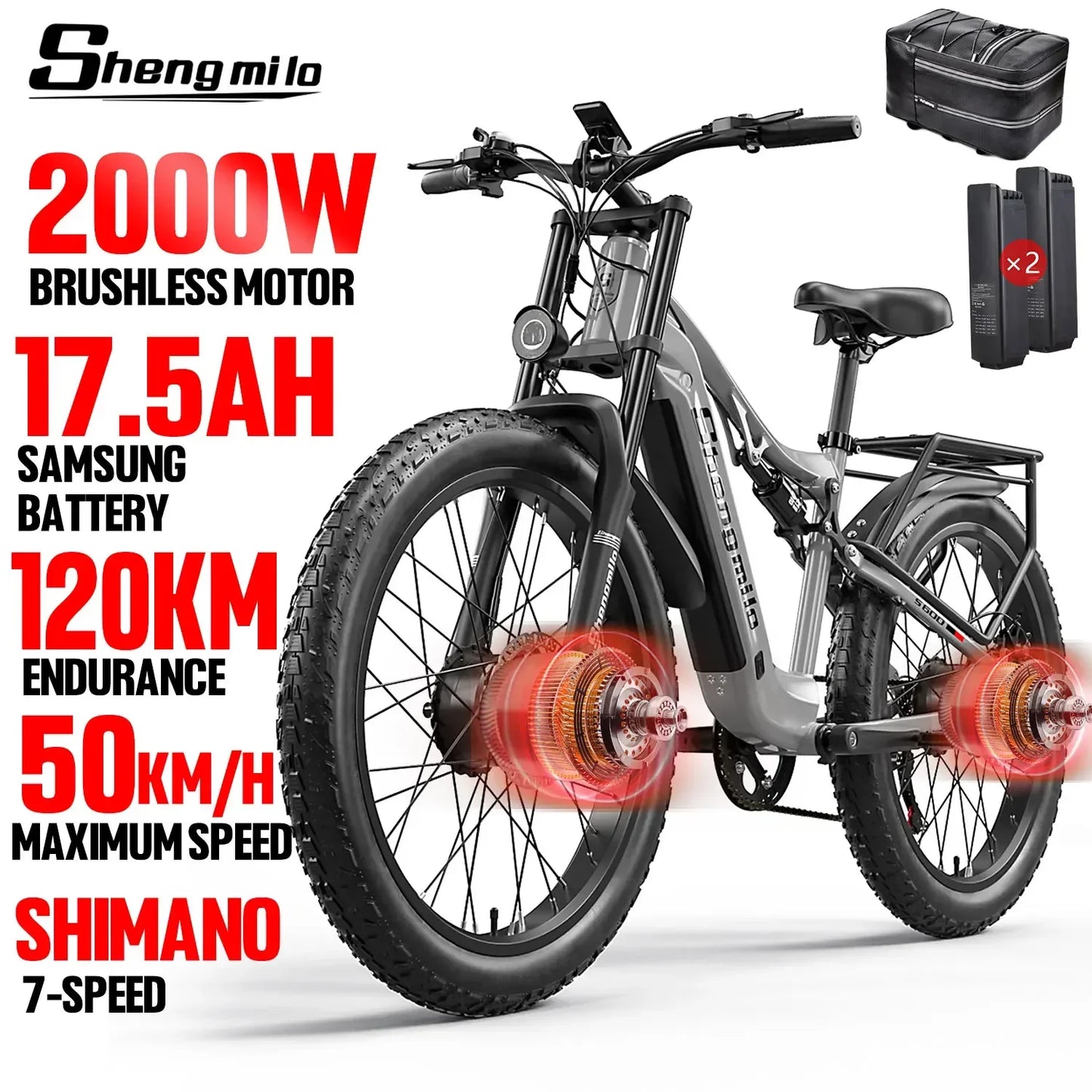 Ebike 2000W Dual Motor 48V17.5AH Fat Tire Electric Bike
