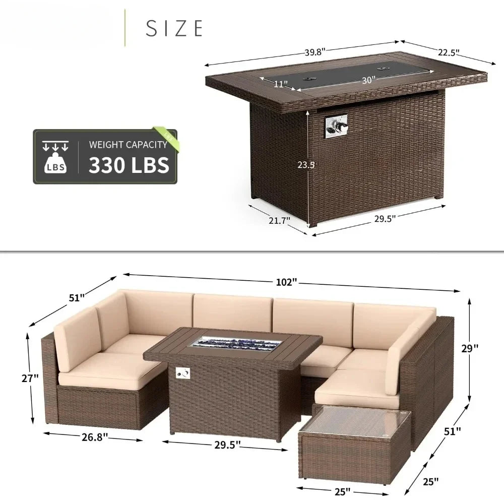 Luxuriöses 8-teiliges Terrassenmöbel-Set mit 40\" Feuertisch - Wicker-Garnitur