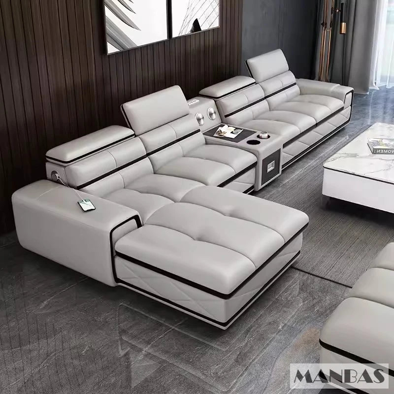 Moderne Echte Leder Ecksofa Sets mit USB-Ladung und Bluetooth-Lautsprecher