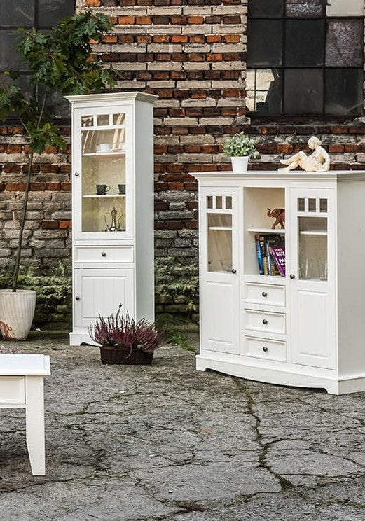 Bologna Elegante Massivholz Kiefer Vitrine 1-Türig | Farbe weiß