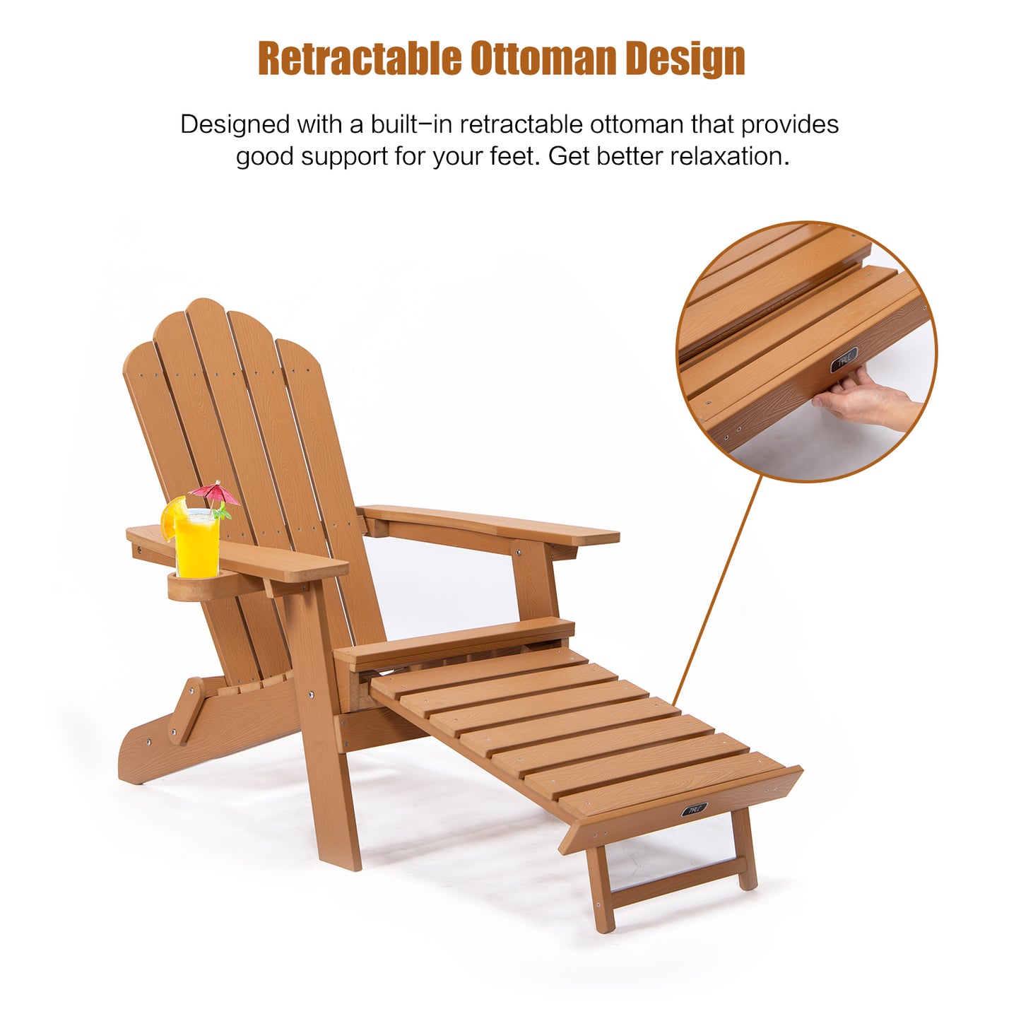 TALE Klappbarer Adirondack-Stuhl mit ausziehbarem Ottomanen und Becherhalter