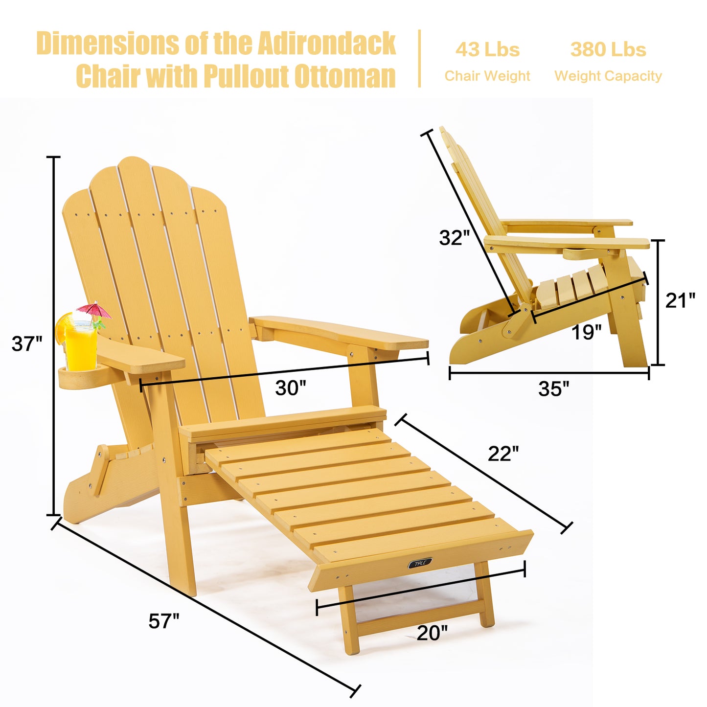 TALE Klappbarer Adirondack-Stuhl mit ausziehbarem Ottomanen und Becherhalter