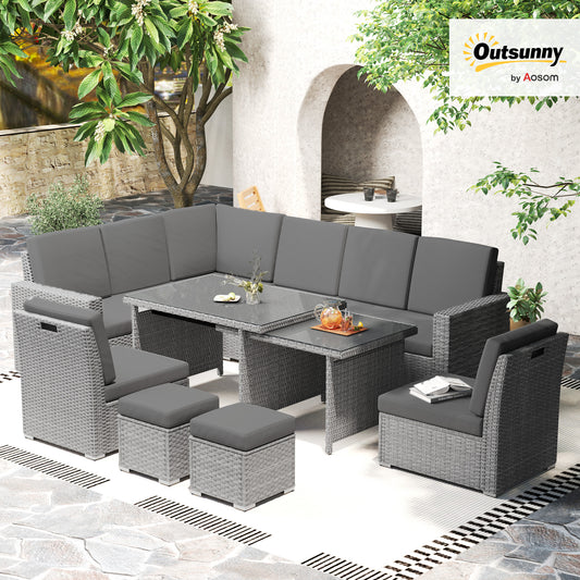 Polyrattan Gartenmöbel Set 7-teilig Hellgrau - Sofa-Set mit ausziehbarem Esstisch