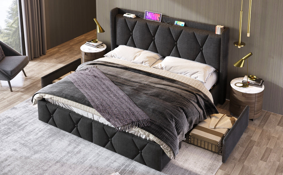 Polsterbett 160x200 mit USB, 4 Schubladen &amp; Matratze – Ihr Komplettpaket für modernen Schlafkomfort