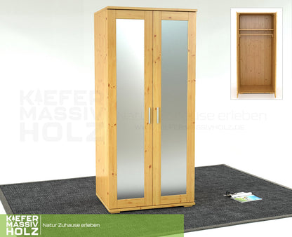 Nobis Spiegeltürenschrank | Kleiderschrank | mit Kleiderstange | 100% Bio Kiefer Massivholz