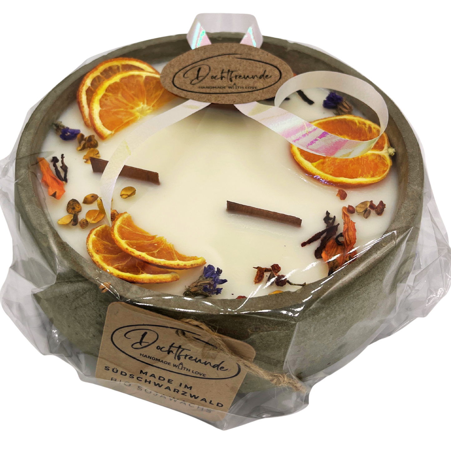 Handbesetze XXL Outdoor Citronella-Betonkerze „Big Grey - Mugge Schreck“ – Mit drei Holdochten - Handgemachter Insektenschutz aus dem Südschwarzwald mit Blütenverzierung