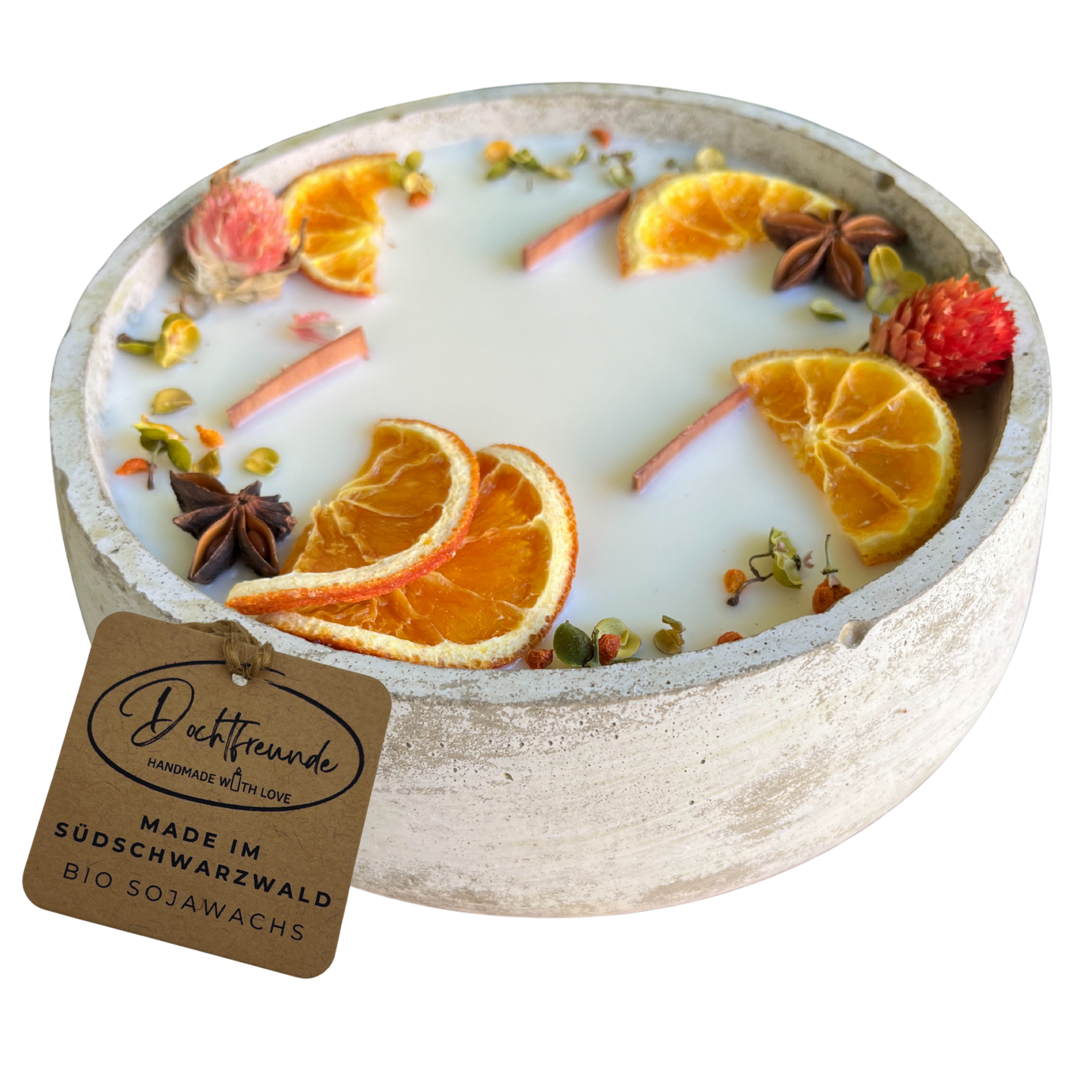 Große Outdoor Citronella-Betonkerze „Big Grey - Mugge Schreck“ – Mit drei Holdochten - Handgemachter Insektenschutz aus dem Südschwarzwald mit Blütenverzierung