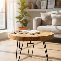 Holz Couchtisch – Beistelltisch Kaffeetisch – Mit drei Metallbeinen – Rund aus Teakholz – 60x60x43 cm