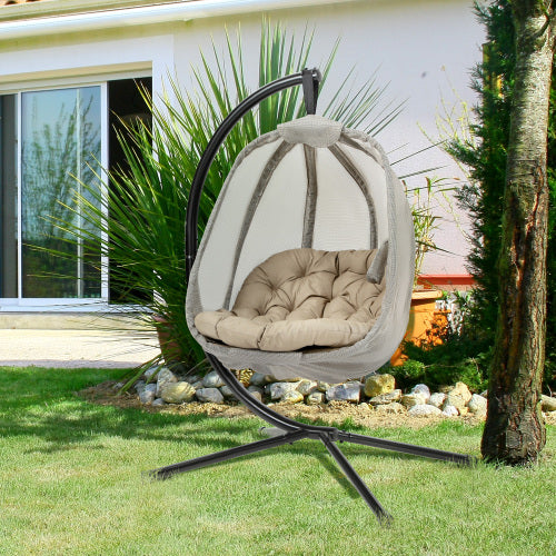 Outsunny Hängesessel mit Gestell - Faltbarer Egg Chair mit Kissen für Garten & Terrasse, Khaki