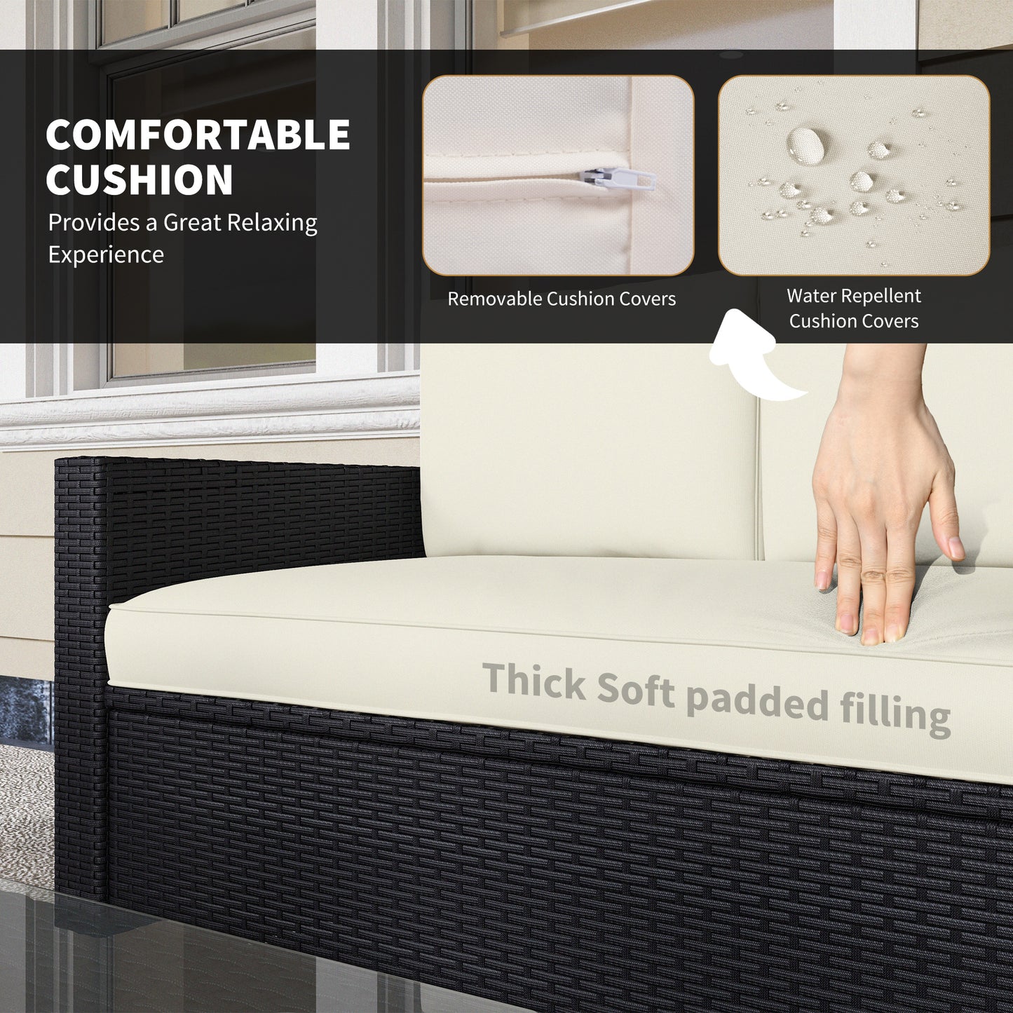 4 Pieces Rattan Sofa Set Wicker Patio Sofa Set with Loveseat Chairs Glass Top Coffee Table for Garden Outdoor Cream