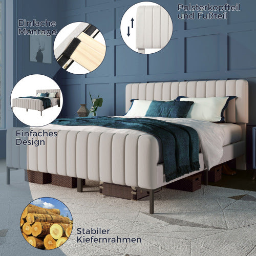 Polsterbett 90x200 cm Grau-Beige mit Lattenrost - Einzelbett Leinen