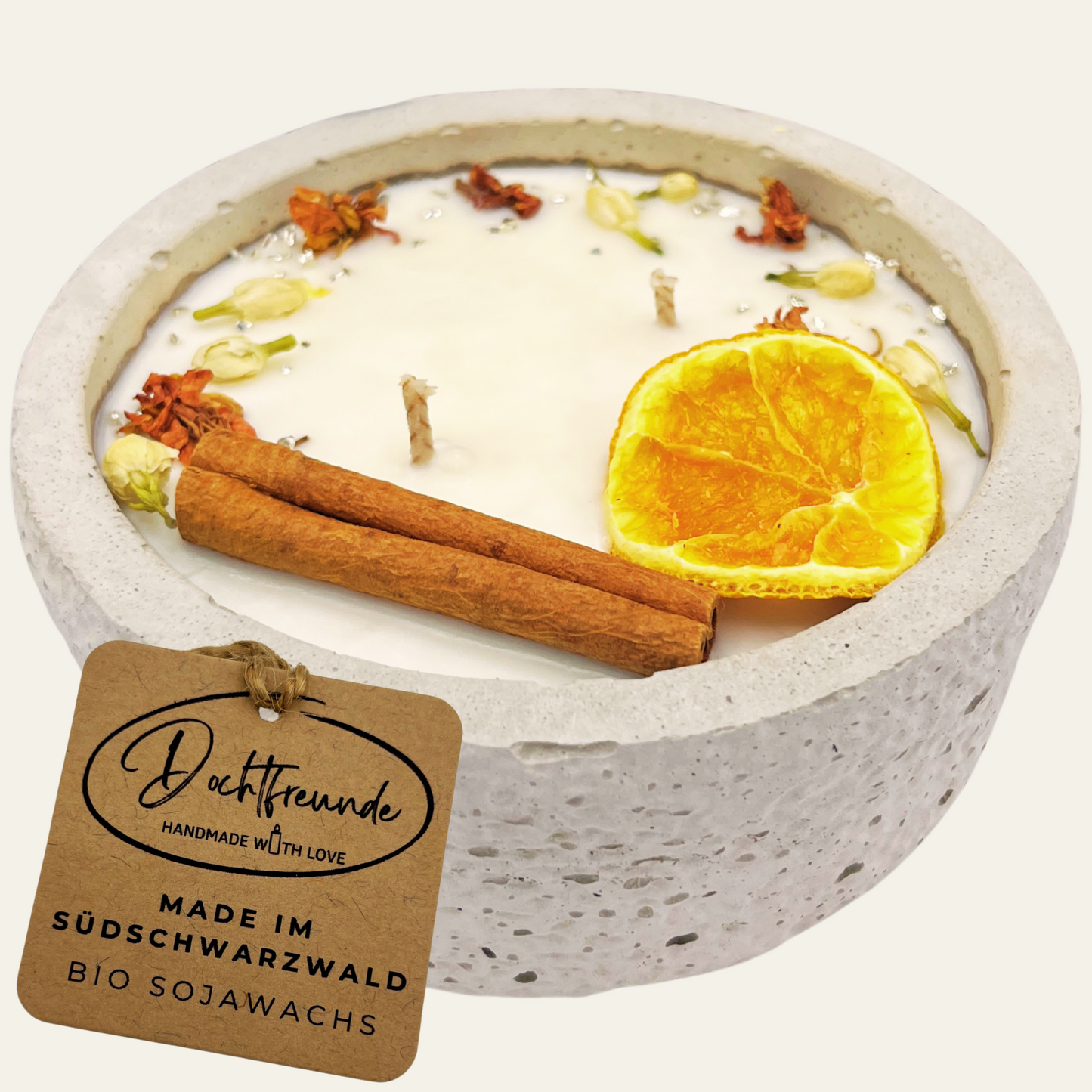 Zwei Docht Betonkerze „Grey Orange“ – Sojawachskerze – Betongrau