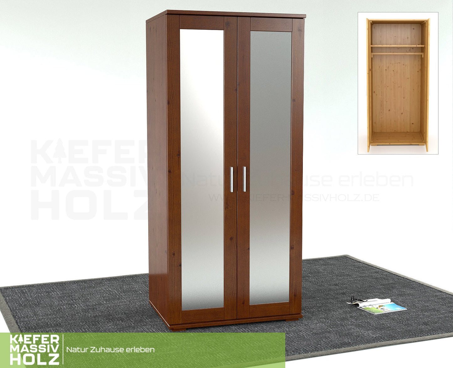 Nobis Spiegeltürenschrank | Kleiderschrank | mit Kleiderstange | 100% Bio Kiefer Massivholz