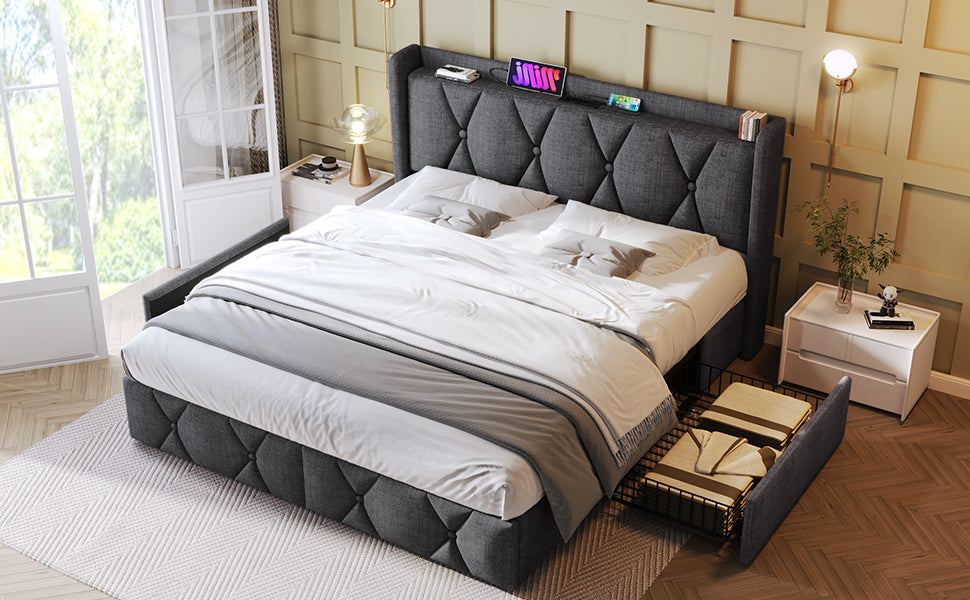 Polsterbett 160x200 mit USB, 4 Schubladen &amp; Matratze – Ihr Komplettpaket für modernen Schlafkomfort