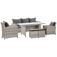 Polyrattan Gartenmöbel Set 6-teilig Hellgrau - 3-Sitzer Sofa, 2 Sessel, 2 Hocker, Glastisch