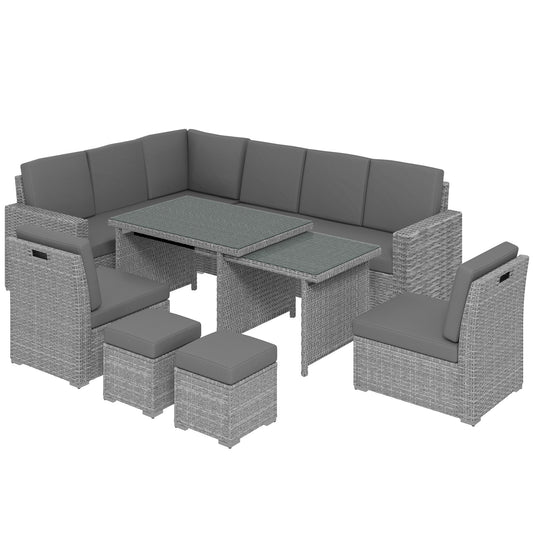 Polyrattan Gartenmöbel Set 7-teilig Hellgrau - Sofa-Set mit ausziehbarem Esstisch