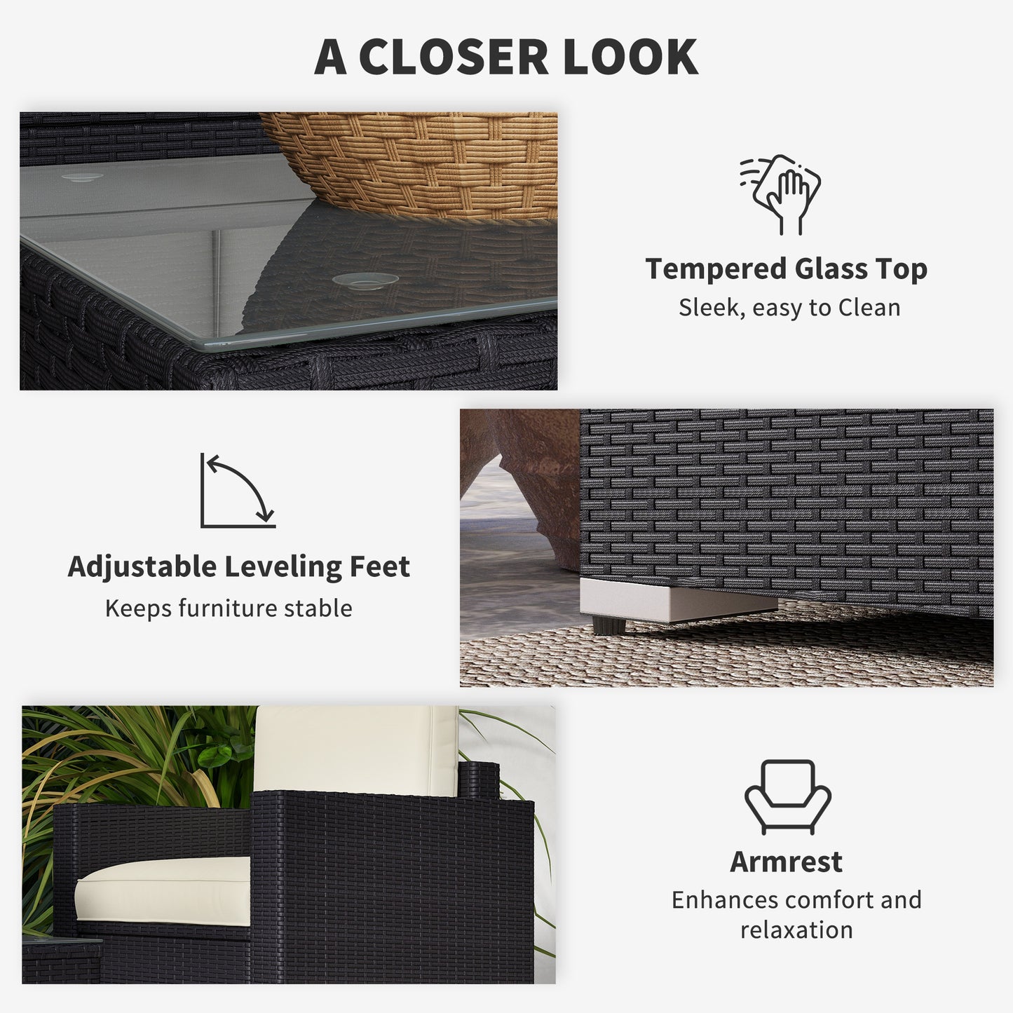 4 Pieces Rattan Sofa Set Wicker Patio Sofa Set with Loveseat Chairs Glass Top Coffee Table for Garden Outdoor Cream