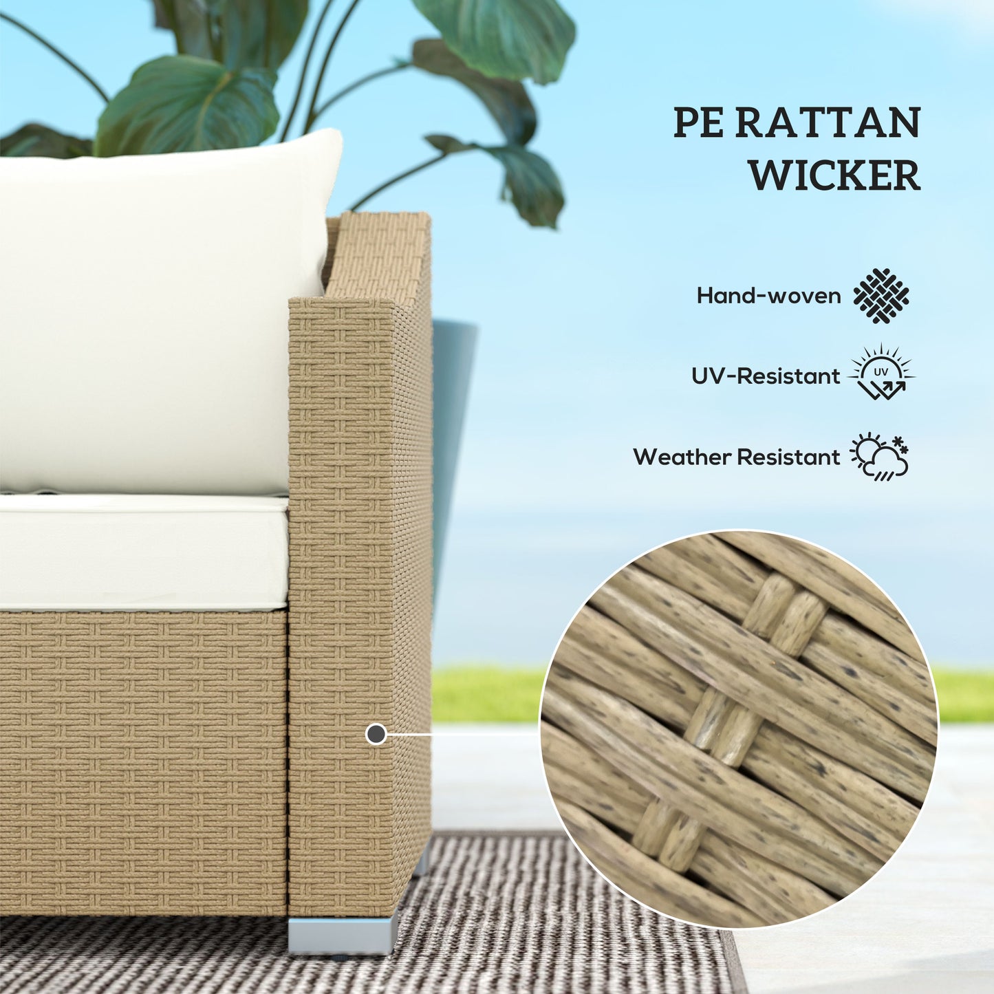 Rattan Sofa 3-Sitzer Creme - Outdoor Lounge Couch mit Kissen