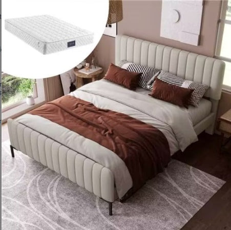 Polsterbett 90x200 cm Grau-Beige mit Lattenrost - Einzelbett Leinen