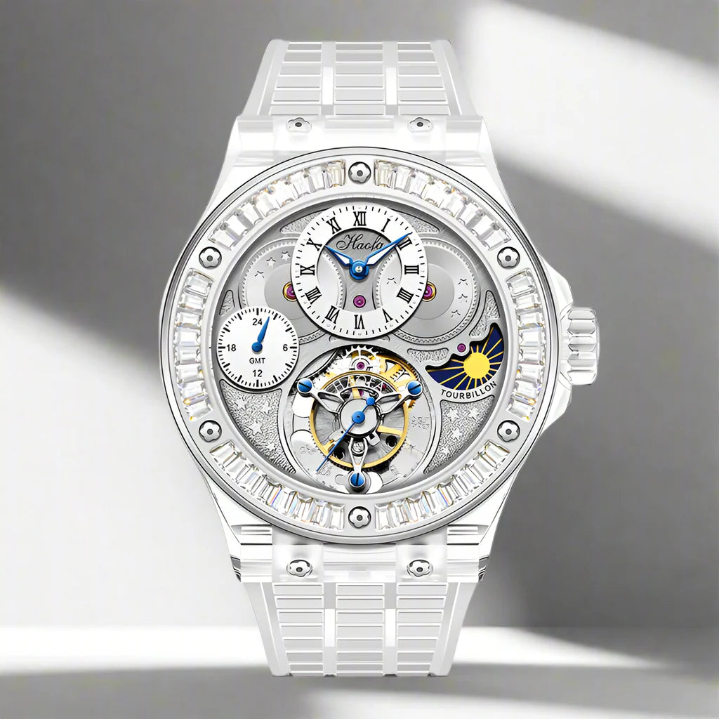 GMT Haofa tourbillon timepiece k9 crystal body sapphire lens day night feature watch