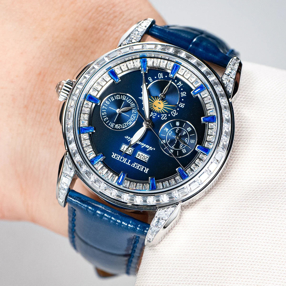 Automatic moonphase  watch by reef tiger diamonds bezel blue dial