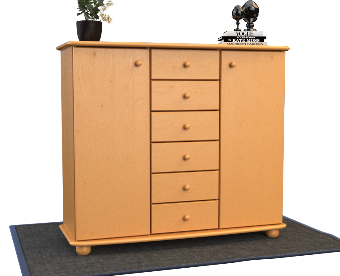 Anika Kommode Sideboard | Anrichte | 2-Türig | 6-Schubladen | 100% Bio Kiefer Massivholz