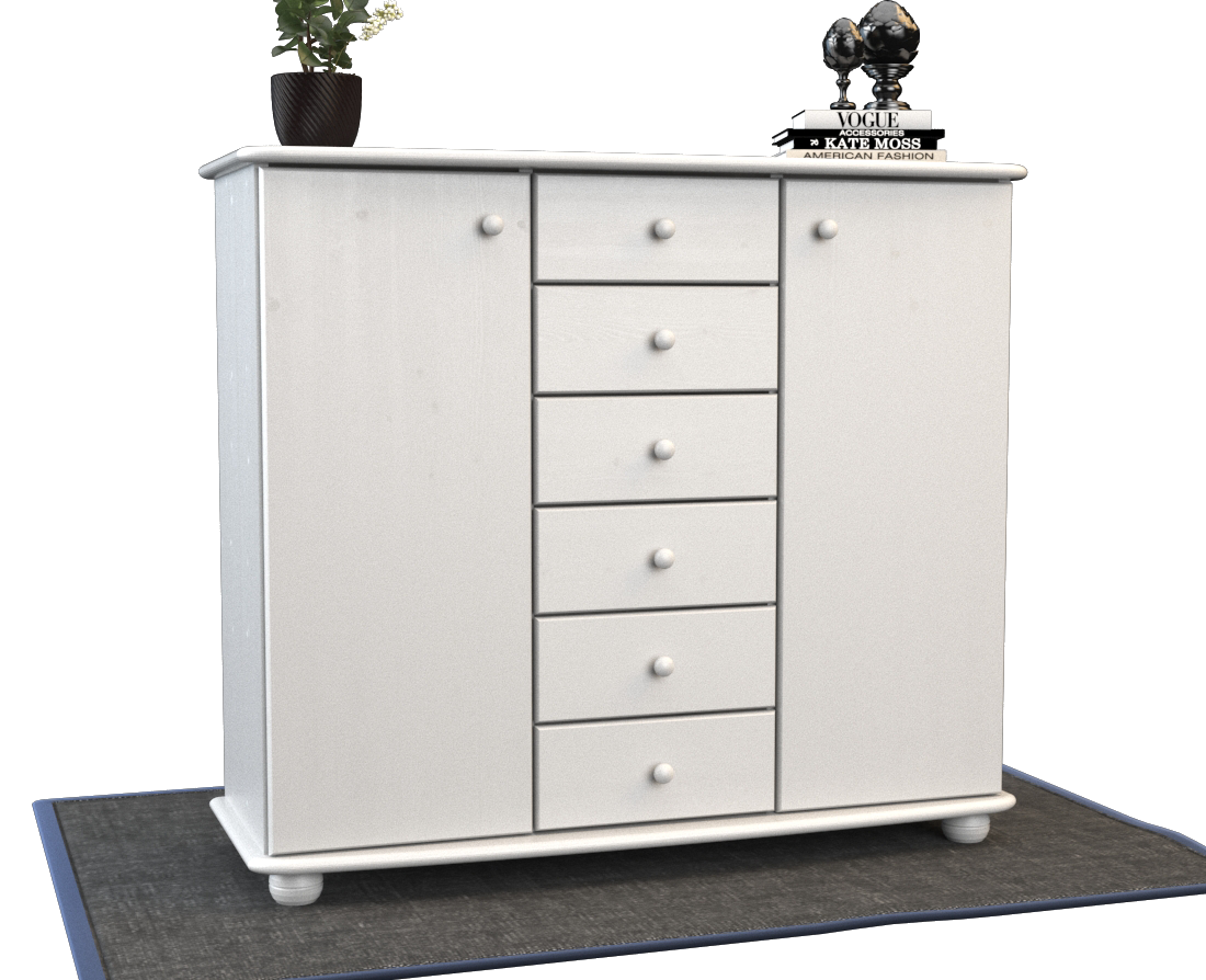 Anika Kommode Sideboard | Anrichte | 2-Türig | 6-Schubladen | 100% Bio Kiefer Massivholz