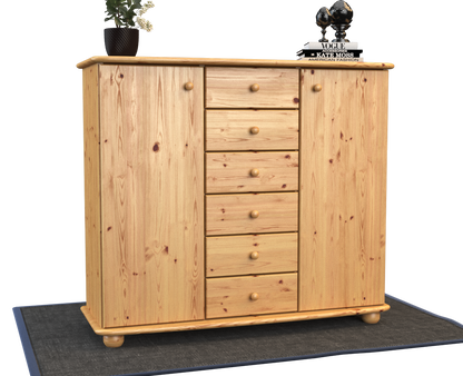 Anika Kommode Sideboard | Anrichte | 2-Türig | 6-Schubladen | 100% Bio Kiefer Massivholz