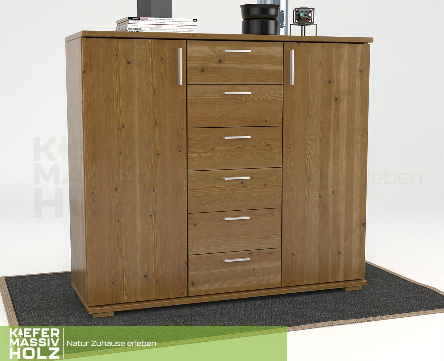 Nobis Kommode Sideboard | Anrichte | 2-Türig | 6-Schubladen | 107cm hoch | 100% Bio Kiefer Massivholz