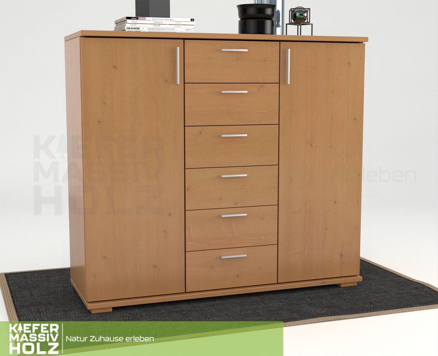 Nobis Kommode Sideboard | Anrichte | 2-Türig | 6-Schubladen | 107cm hoch | 100% Bio Kiefer Massivholz