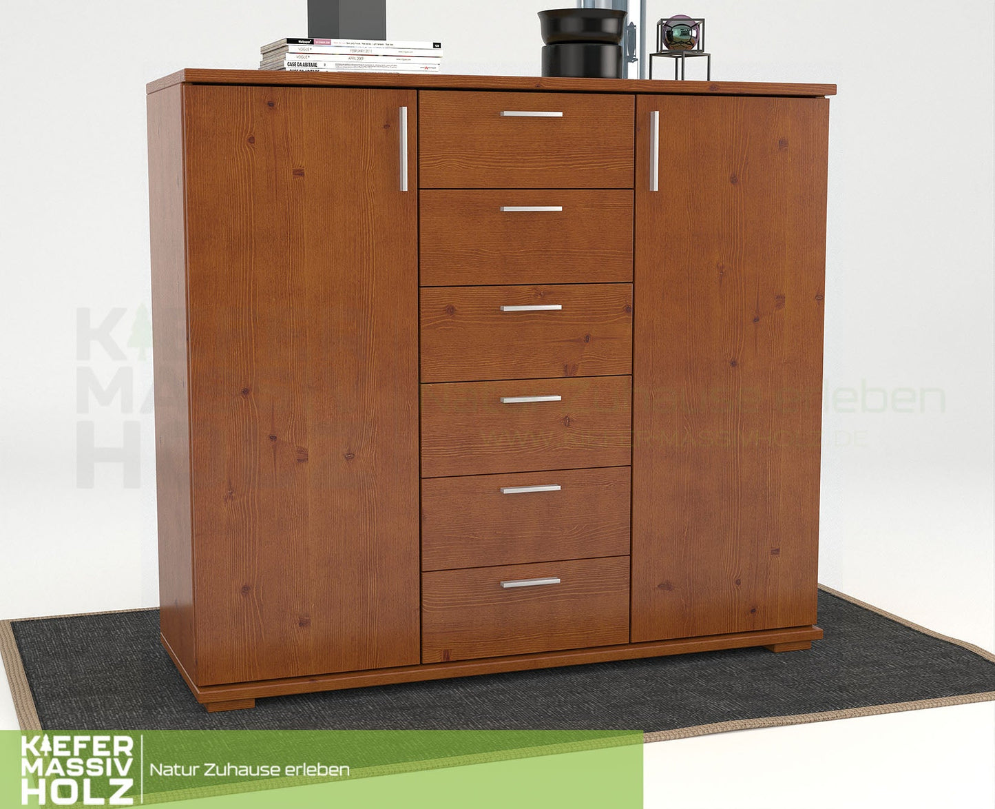 Nobis Kommode Sideboard | Anrichte | 2-Türig | 6-Schubladen | 107cm hoch | 100% Bio Kiefer Massivholz
