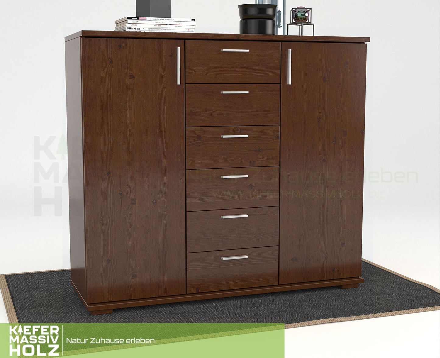 Nobis Kommode Sideboard | Anrichte | 2-Türig | 6-Schubladen | 107cm hoch | 100% Bio Kiefer Massivholz
