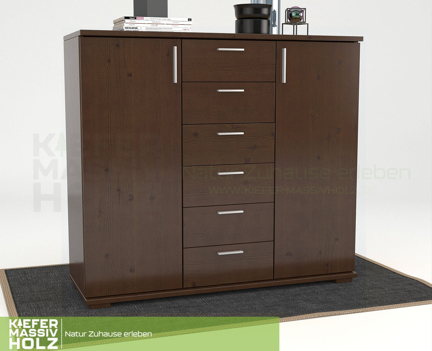 Nobis Kommode Sideboard | Anrichte | 2-Türig | 6-Schubladen | 107cm hoch | 100% Bio Kiefer Massivholz