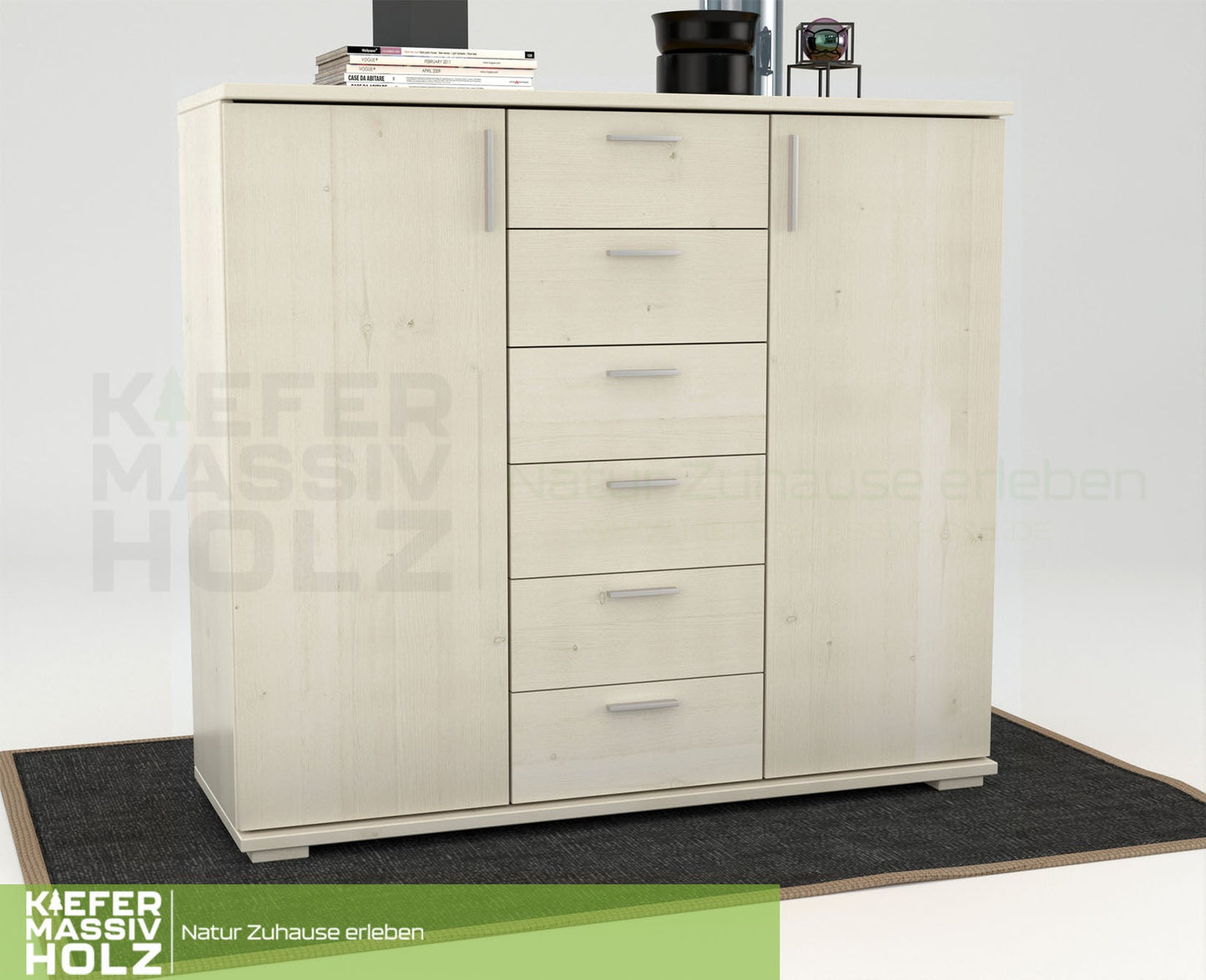 Nobis Kommode Sideboard | Anrichte | 2-Türig | 6-Schubladen | 107cm hoch | 100% Bio Kiefer Massivholz