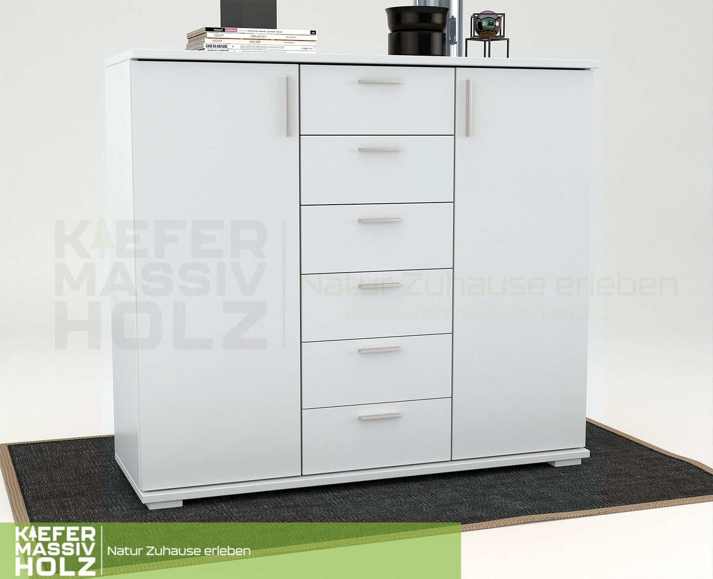 Nobis Kommode Sideboard | Anrichte | 2-Türig | 6-Schubladen | 107cm hoch | 100% Bio Kiefer Massivholz