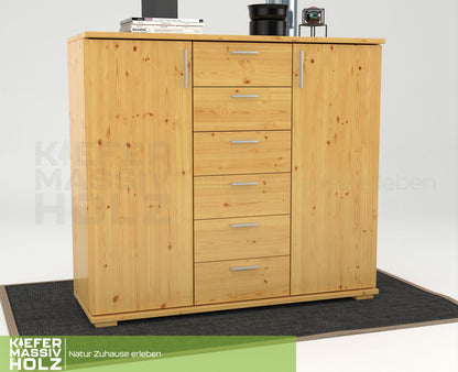 Nobis Kommode Sideboard | Anrichte | 2-Türig | 6-Schubladen | 107cm hoch | 100% Bio Kiefer Massivholz