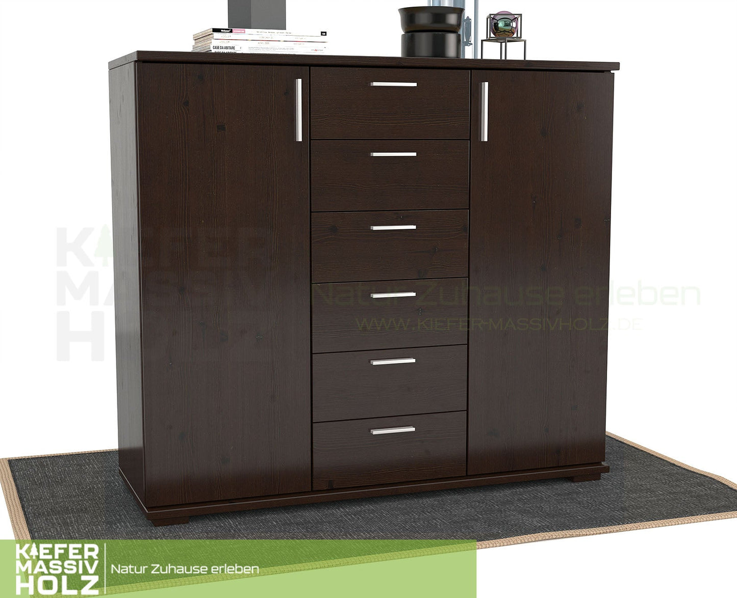 Nobis Kommode Sideboard | Anrichte | 2-Türig | 6-Schubladen | 107cm hoch | 100% Bio Kiefer Massivholz