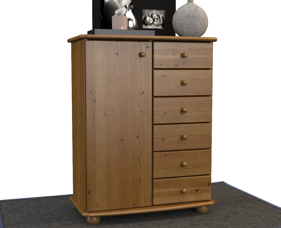Anika Kommode Sideboard | Anrichte | 6-Schubladen | 1-Türig | 100% Bio Kiefer Massivholz
