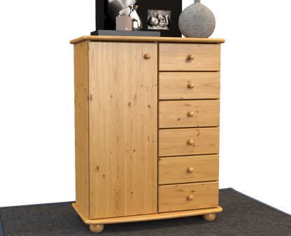 Anika Kommode Sideboard | Anrichte | 6-Schubladen | 1-Türig | 100% Bio Kiefer Massivholz