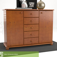 Anika Kommode Sideboard | Anrichte | 2-Türig | 5-Schubladen | 100% Bio Kiefer Massivholz