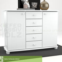 Anika Kommode Sideboard | Anrichte | 2-Türig | 5-Schubladen | 100% Bio Kiefer Massivholz