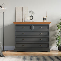 Bologna Elegante Massivholz Kiefer 5 Schubladen Kommode | Farbe Graphit - Eiche