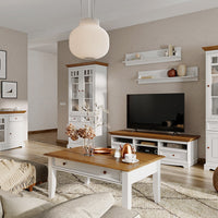 Bologna Elegante Massivholz Kiefer Vitrine 2D | Farbe Weiss - Eiche