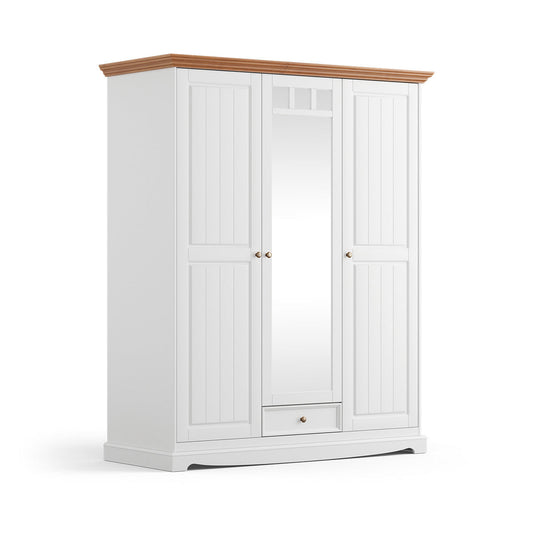 Bologna Elegante Massivholz Kiefer Kleiderschrank Spiegelschrank 3D | Farbe Weiß - Eiche