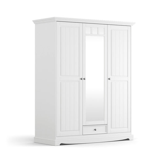 Bologna Elegante Massivholz Kiefer Kleiderschrank Spiegelschrank 3D | Farbe weiß