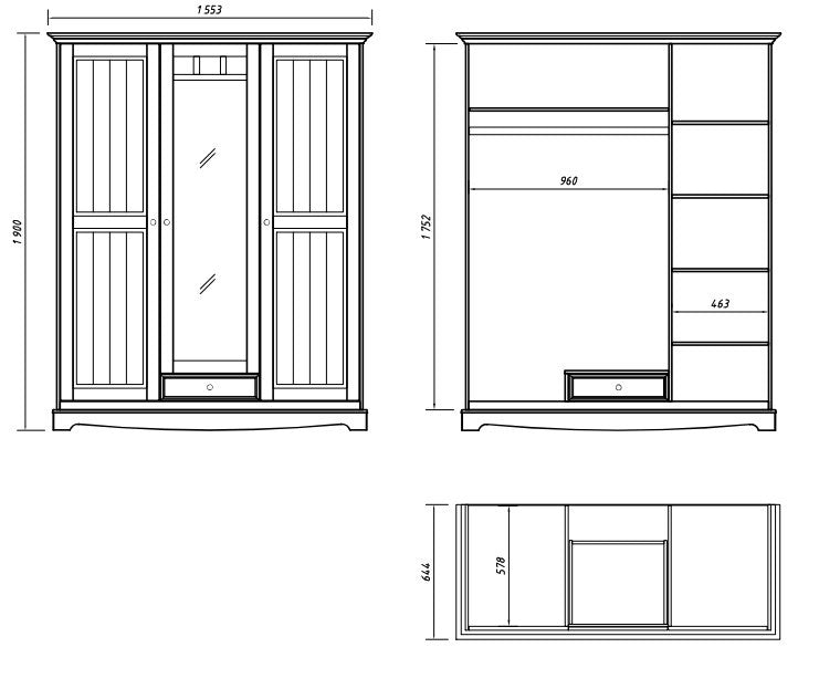 Bologna Elegante Massivholz Kiefer Kleiderschrank Spiegelschrank 3D | Farbe weiß