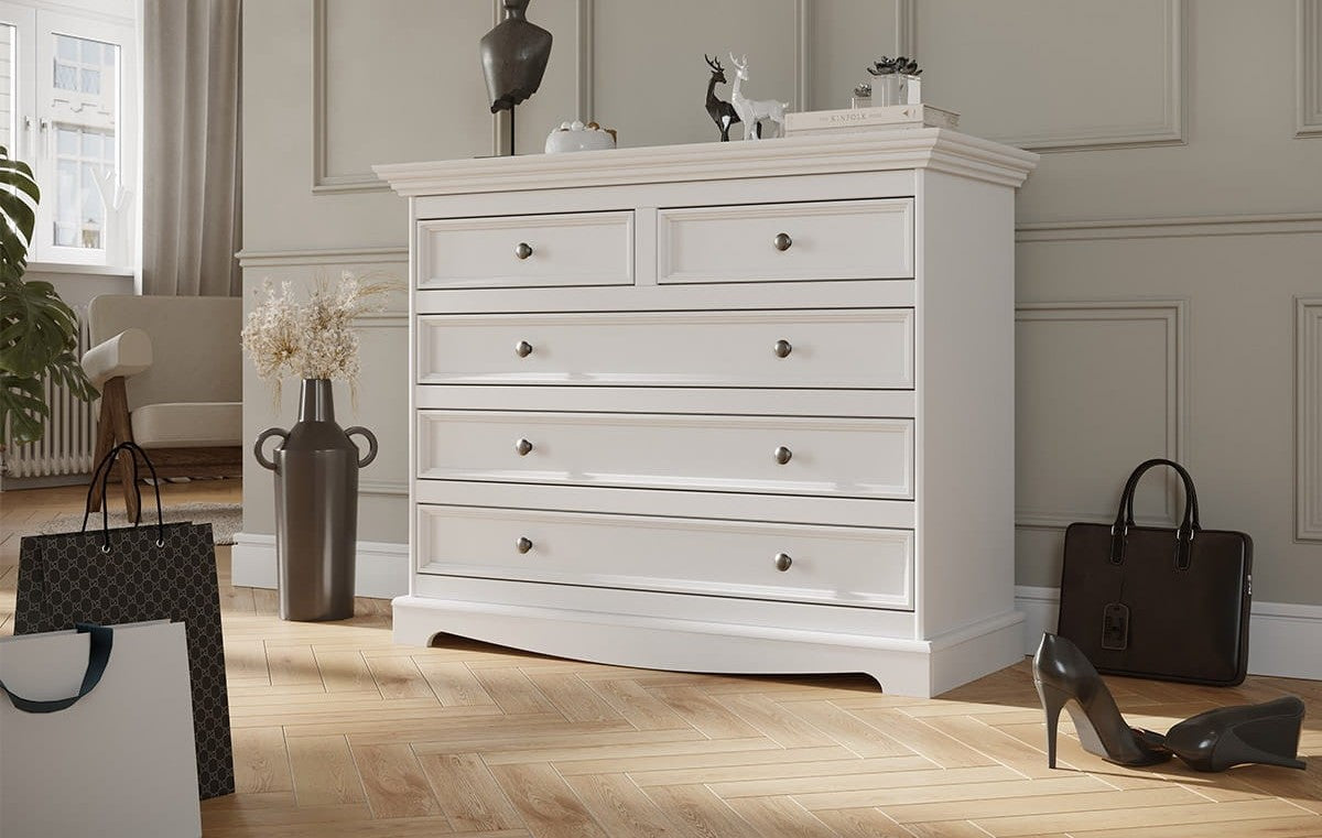 Bologna Elegante Massivholz Kiefer 5 Schubladen Kommode | Farbe weiß
